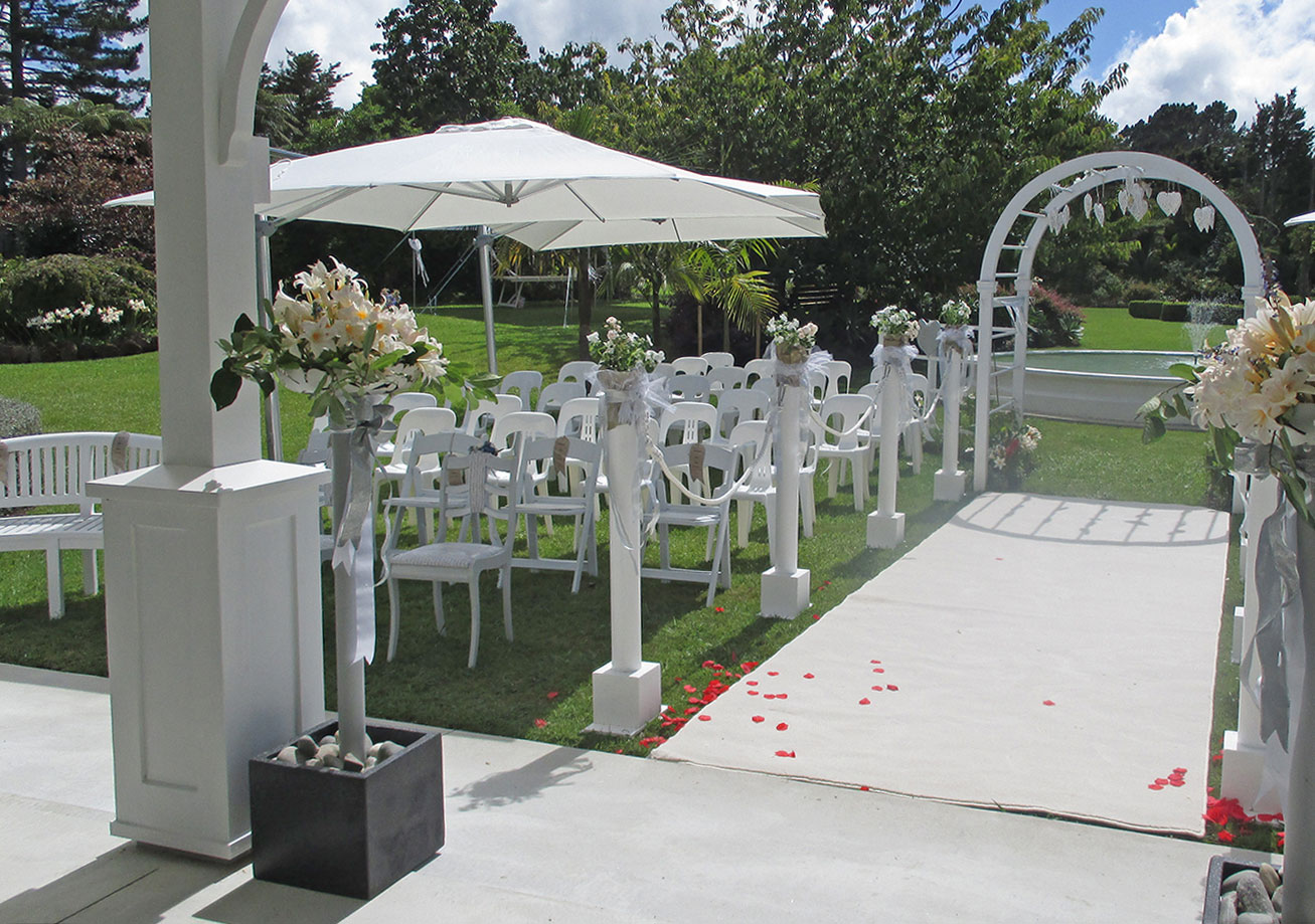 romantic covered pavilion, walkway and guest seating